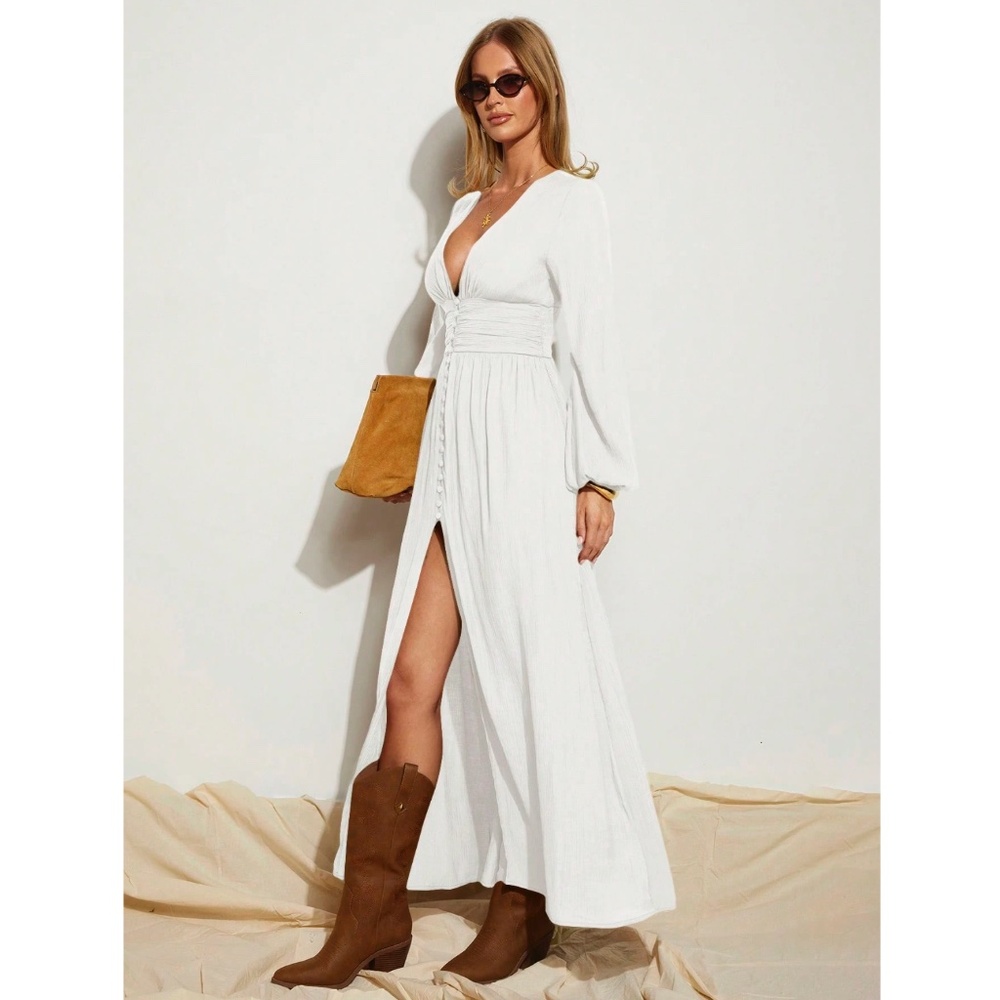 White Bohemian Long Flared Dress V-Neck Faux Buttons Long Sleeve - Picture 2 of 9